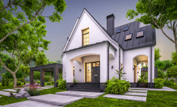 istock 3d rendering of white and black modern Tudor house in evening 1457667276