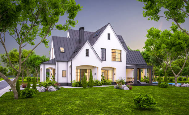 3d rendering of white and black modern Tudor house in evening stock photo