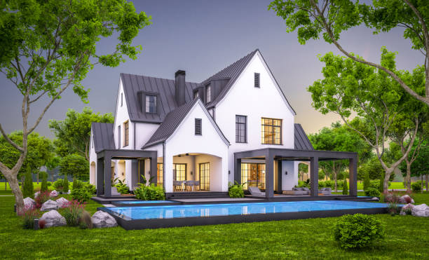 istock 3d rendering of white and black modern Tudor house in evening 1457667330