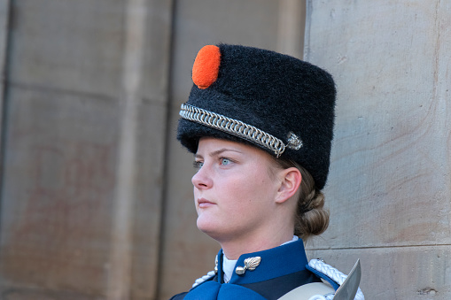 Close Up Young Woman In Historical Uniform Of A Royal Marechaussee Member At Amsterdam The Netherlands 17-1-2023