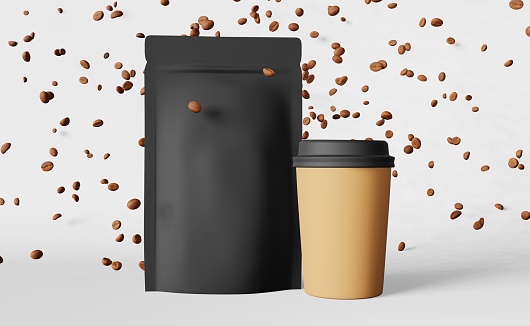 Paper pouch bag coffee cup falling beans 3D rendering. Coffee shop discount demonstration delivery sale banner. Merchandise packaging logo promo design.Blank black pack template flying roasted arabica