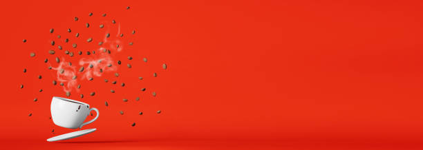 istock Floating porcelain coffee cup flying beans explosion 3D rendering. Hot fresh brewed espresso drink advertising template. 1457670144