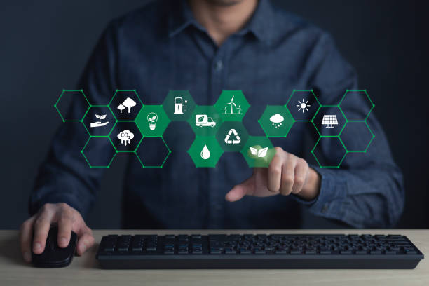 istock Businessman touchscreen virtual screen with economy system icon digital sustainability and Sustainable Technology concept 1457672985