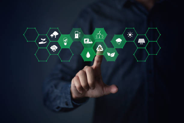 istock Businessman touchscreen virtual screen with economy system icon digital sustainability and Sustainable Technology concept 1457672991