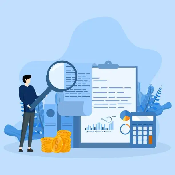 Vector illustration of Business analysis concept, research for market growth, financial report, smart businessman analyst holding magnifying glass chart and analysis chart. investment data or sales information concept.