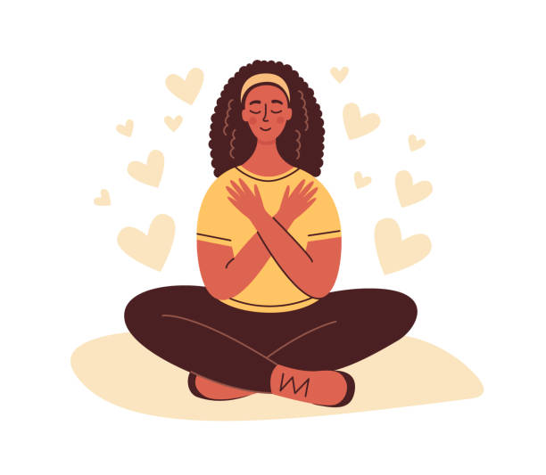 Person with healthy self-perception. Self-acceptance, self-respect, self-development. Self love, healt, beauty and wellness concept. hugging self stock illustrations