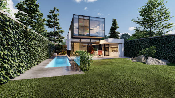 istock Modern house with pool and patio for relaxation, exterior, 3D illustration. 1457674501