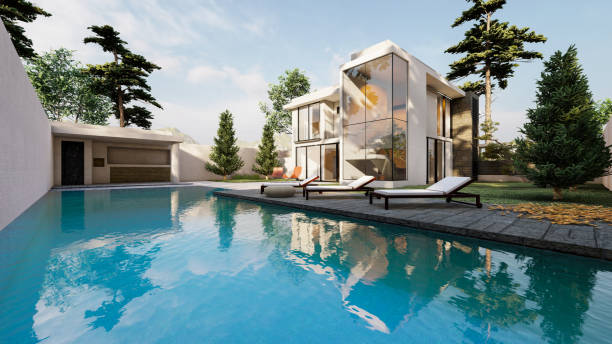istock Modern house with pool and patio for relaxation, exterior, 3D illustration. 1457675033