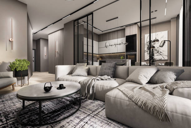 istock Apartment, open space, living room and kitchen design, 3D illustration. 1457675095