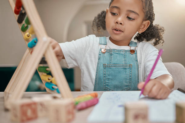 istock Home learning, education and girl with math abacus ready for kindergarten development at a house. School, study knowledge and test writing of numbers with kid student doing mathematics with focus 1457676458