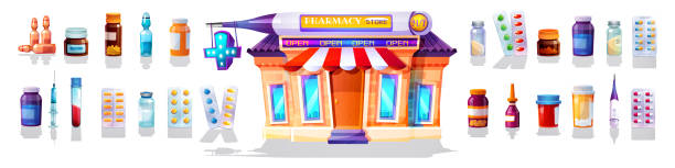 illustrazioni stock, clip art, cartoni animati e icone di tendenza di concetto di commercio medico e online in stile cartone animato. edificio della farmacia con farmaci su uno sfondo bianco isolato. set medico. - pharmacy pill bottle container