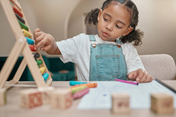 istock Girl, math study or homeschool abacus in lockdown homework, mathematic education or child learning with paper. Kid, youth or thinking student with kindergarten studying equipment in house living room 1457676465