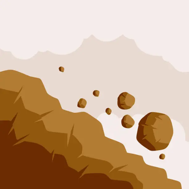 Vector illustration of Rock rolls off cliff. Falling boulder. Rockfall and landslide. Brown earth.