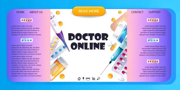 Vector illustration of Medical web page or template in cartoon style. Doctor online. Medical items with drugs on an abstract colored background with space for text.