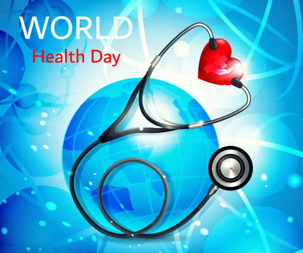 Vector illustration of Medicine and healthcare concept in cartoon style. World Health Day. Stethoscope with heart and globe on abstract color background.