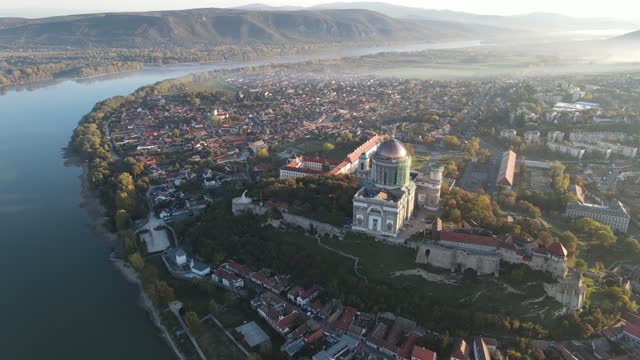 Aerial view of Danube river near Esztergom
