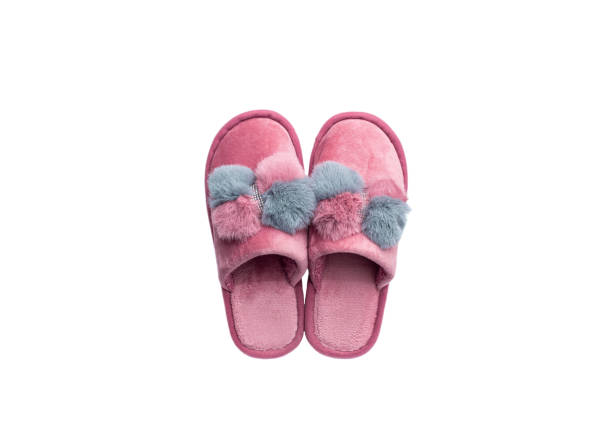 istock Home female pink and grey slippers on a white background. 1457678812