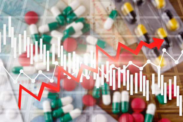 Economic crisis in the price of medicines. Financial collapse, drop in stock value. Graph falling. Economic crisis. Agricultural production decline stock photo