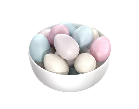 White Ceramic Serving Bowl filled with Colorful Easter Eggs- 3D Illustration