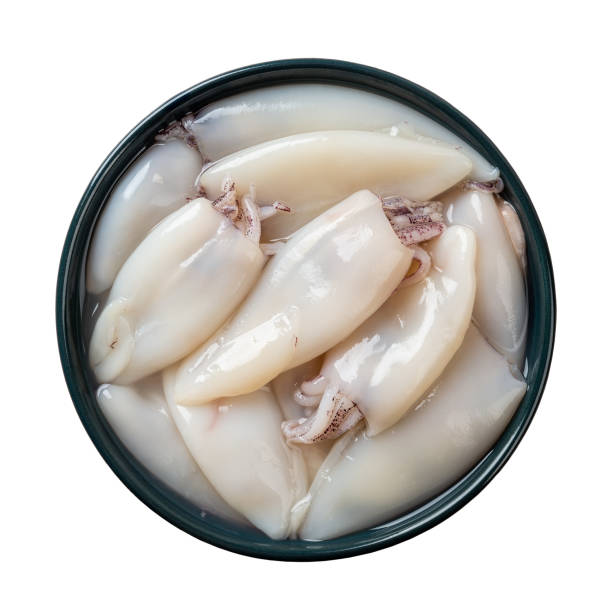 Fresh squid tubes in a blue bowl cutout. Raw calamary fillet on a plate isolated on a white background. Small squids prepared for cooking low calorie dish. Seafood concept. stock photo