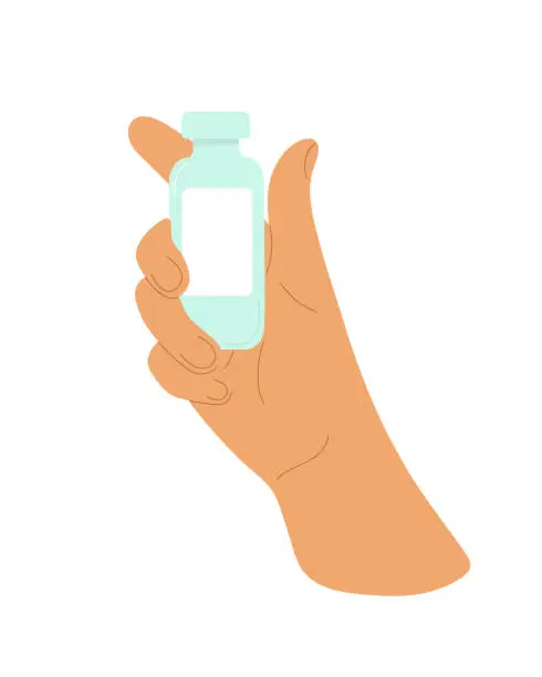 Vector illustration of Hand holds  bottle, template, mockup, jar with vitamins, pills, oil-cream-lotion for organic care, packaging.