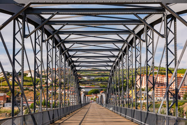 The pedestrian steel bridge over the river Douro, Peso da Regua, Alto Douro, Portugal stock photo