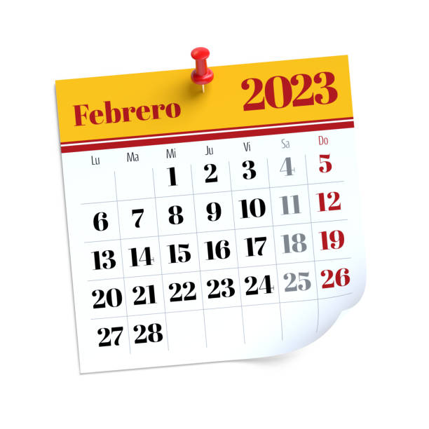 februar kalender 2023 in spanischer sprache. isoliert auf weißem hintergrund. 3d-illustration - calendar february desk computer stock-fotos und bilder