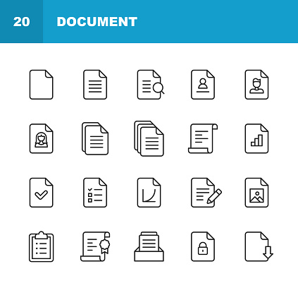 20 Document Outline Icons. Agreement, Application Form, Attachment, Bank Statement, Book, Certificate, Chart, Check Mark, Clipboard, Cloud Computing, Config, CV, Data, Diploma, Document, Dollar Sign, Download, E-Mail, Favourite, File, Finance, Financial Report, Folder, Form, Gift, Human Resources, Image, Job Search, Law, Legal, Message, Network Technology, Office Supply, Printer, Refresh, Report, Resume, Save, Search, Security, Settings, Share, Text, Touch Gesture, Upload, Wishlist, Writing.