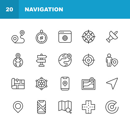 20 Navigation Outline Icons. Airplane, Arrow, Car, Cartography, City, Destination, Direction, Distance, Dollar Sign, Driving, Earth, Exploration, Flying, Globe, Goal, GPS, Highway, Home, Locator, Map, Marker, Mobile App, Navigation, Path, Payment, Pin, Plane, Pointer, Radar, Road, Route, Satellite, Sign, Smartphone, Street, Target, Technology, Tourism, Traffic, Transport, Transportation, Travel, Vehicle.