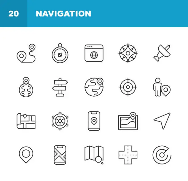 Vector illustration of Navigation Line Icons. Editable Stroke. Pixel Perfect. For Mobile and Web. Contains such icons as Car, City, Destination, Direction, Distance, Driving,  Globe, GPS, Map, Path, Payment, Road, Route, Satellite, Tourism, Traffic, Transport, Travel, Vehicle.