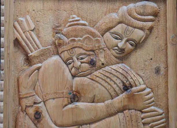 Rama and hanuman wood art image