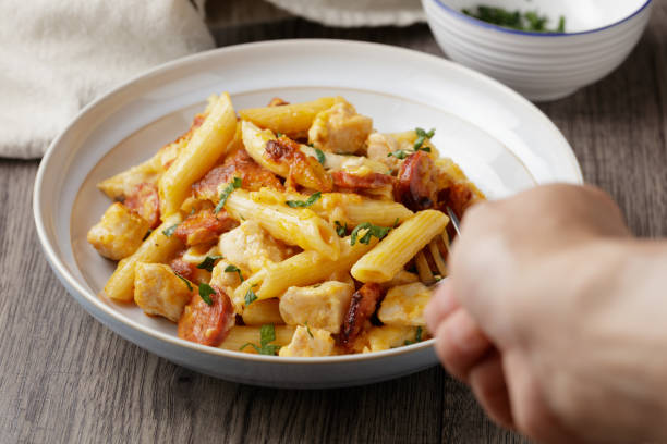 istock chorizo, chicken pasta bake 1457686803
