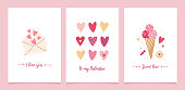istock Set of greeting cards for Valentine's Day. Vector cute illustrations with festive decorative elements, heart, bouquet, envelope, sweets and inscriptions. 1457687868