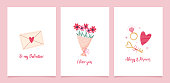 istock Set of greeting cards for Valentine's Day. Vector cute illustrations with festive decorative elements, heart, envelope, sweets and inscriptions. 1457687869