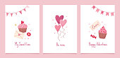 istock Set of greeting cards for Valentine's Day. Vector cute illustrations with festive decorative elements, heart, envelope, sweets, balloons and inscriptions. 1457687898