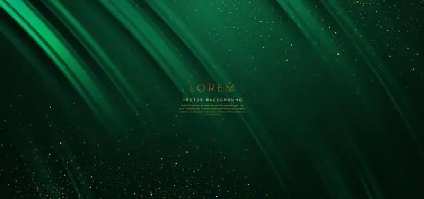 Vector illustration of Luxury curved green on dark green background with golden glitter sparkles elements . Template premium award design.