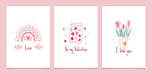 istock Set of greeting cards for Valentine's Day. Vector cute illustrations with festive decorative elements, heart, bouquet, boho rainbow, sweets and inscriptions. 1457687902