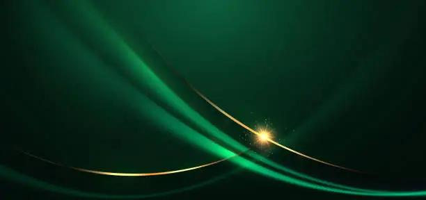 Vector illustration of Abstract 3d gold curved green ribbon on dark green background with lighting effect and sparkle with copy space for text. Luxury design style.