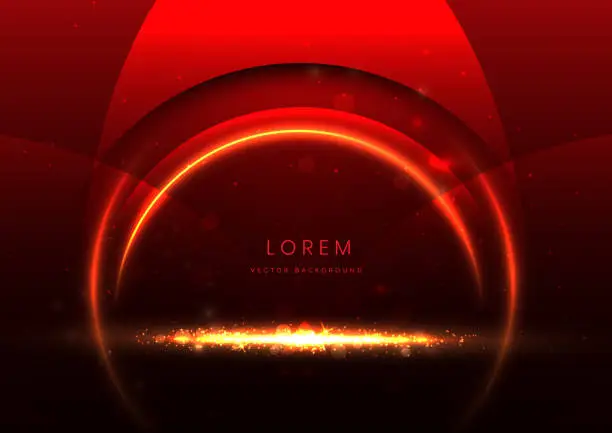 Vector illustration of Luxury red background with circle glowing red and golden line lighting effect sparkle. Template premium award ceremony design.