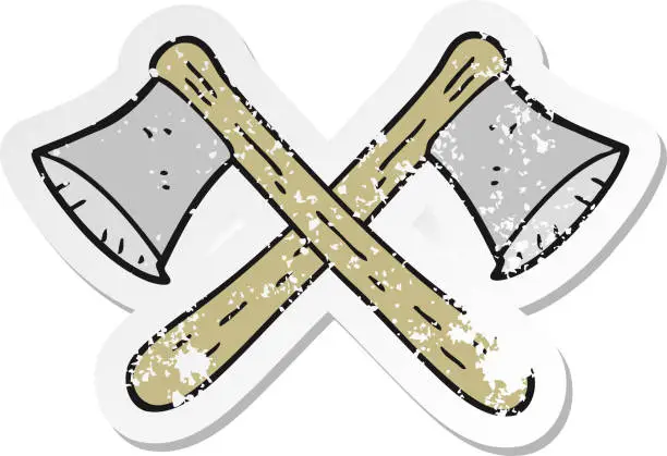 Vector illustration of retro distressed sticker of a cartoon crossed axes