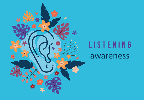 Hearing awareness, world map. International Ear Care Day.  Ear and flower. Medical background vector illustration