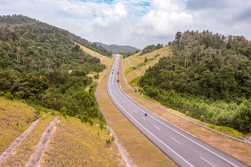 Aerial view of the new popular Temiang Pantai Highway. The highway went viral due to some postings in social media and the scenery view. Federal Route 366 is a road in Negeri Sembilan, Malaysia.