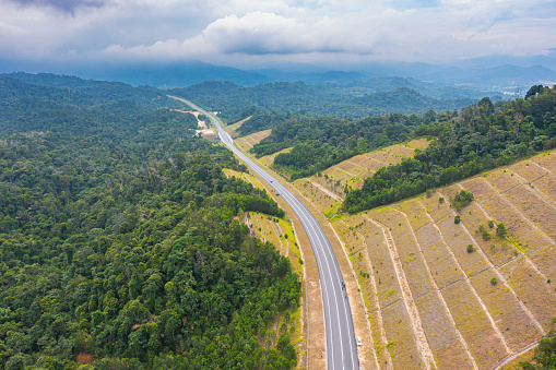 Aerial view of the new popular Temiang Pantai Highway. The highway went viral due to some postings in social media and the scenery view. Federal Route 366 is a road in Negeri Sembilan, Malaysia.