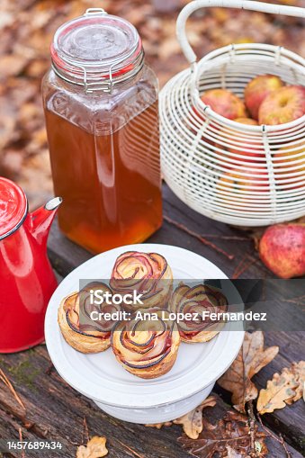 istock autumn picnic table ideas rose apple muffins on a forest, apple juice in a jar and antique red coffee maker 1457689434