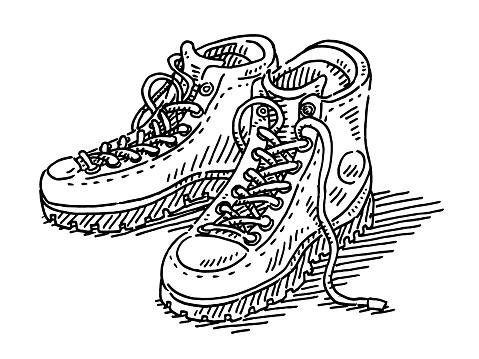 Hand-drawn vector drawing of Hiking Boots Footwear. Black-and-White sketch on a transparent background (.eps-file). Included files are EPS (v10) and Hi-Res JPG.