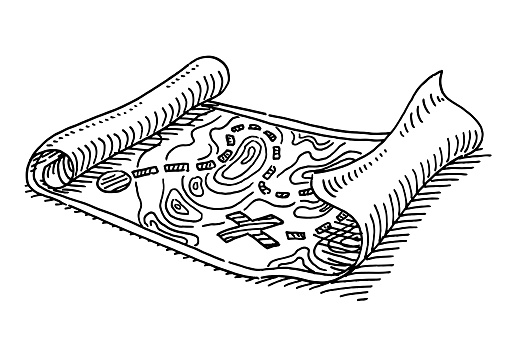 Hand-drawn vector drawing of a Treasure Map Symbol. Black-and-White sketch on a transparent background (.eps-file). Included files are EPS (v10) and Hi-Res JPG.