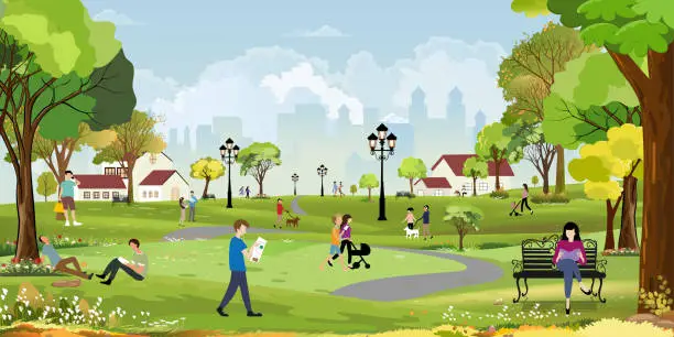 Vector illustration of Spring City park scenery landscape, family having fun in the Morning,Vector cartoon lifestyle People relaxing in beautiful nature at urban Park,CityScape with people doing outdoors activity in Summer
