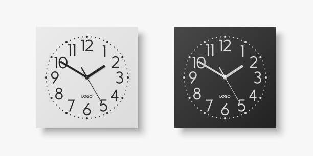 Vector 3d Realistic White, Black Square Wall Office Clock Set, Design Template Isolated on White. Dial with Roman Numerals. Mock-up of Wall Clock for Branding and Advertise Isolated. Clock Face Design Vector 3d Realistic White, Black Square Wall Office Clock Set, Design Template Isolated on White. Dial with Roman Numerals. Mock-up of Wall Clock for Branding and Advertise Isolated. Clock Face Design. clock wall clock face clock hand stock illustrations