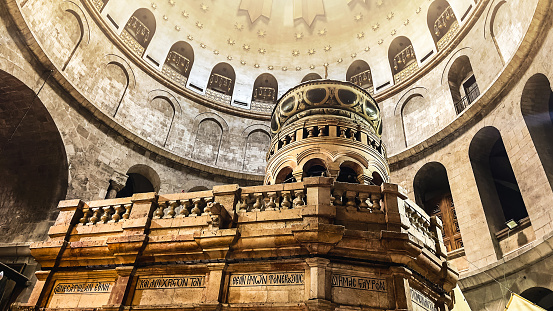 Old city in Jerusalem. Church of holy sepulchre. Ancient religious shrine. Place of convergence of Holy Fire.