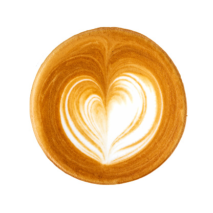 Top view of hot Coffee with a barista art heart shape foam isolated on transparent background. Valentines day illustration. top view. flat lay